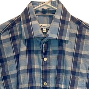 Peter Millar Men's Blue Plaid Cotton Blend Stretch Long Sleeve Button Shirt Med